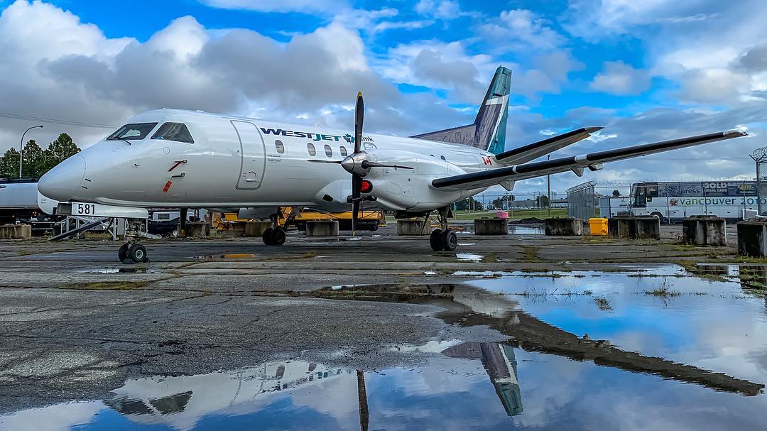 C-GPCF, Pacific Coastal Airlines Saab 340B, sitting at YVR during a rare visit. The aircraft is part of the fleet operating as WestJet Link. Photo submitted by Pat Lalande (Instagram user @yvrspotterxrcaf) using #skiesmag