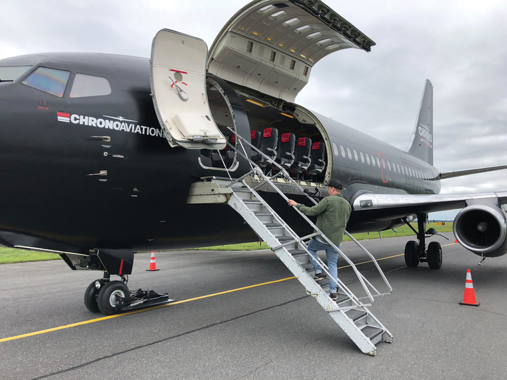 In the fall of 2018, Chrono Aviation made a plan to base its newly-acquired Boeing 737-200 airliner at CYHU and offer charters for cargo and up to 120 passengers. Martin Couturier Photo 