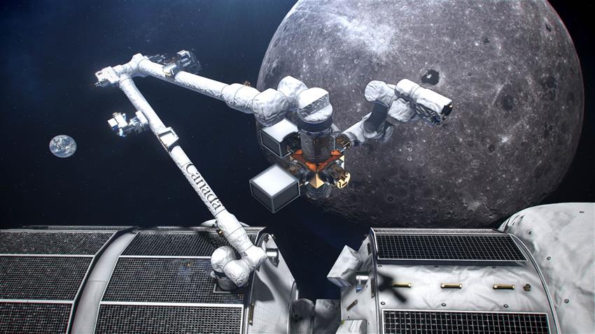 An artist's concept of Canada's smart robotic system located on the exterior of the Lunar Gateway, a small space station in orbit around the moon. Canadian Space Agency/NASA Photo