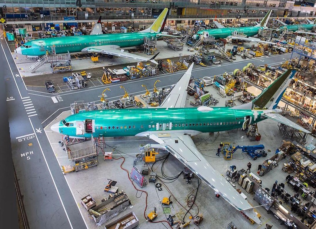 Here, Boeing’s MAX 7, MAX 8 and MAX 9 aircraft are shown in production at Boeing’s Renton, Wash., factory. Boeing Photo