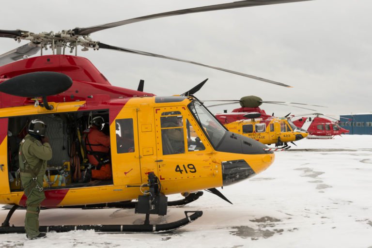 Two RCAF Bell CH-146 Griffons and a Canadian Coast Guard Bell 429 prepare for a search in the Timmins, Ontario, region on March 10, 2019. Corporal Zebulon Salmaniw Photo