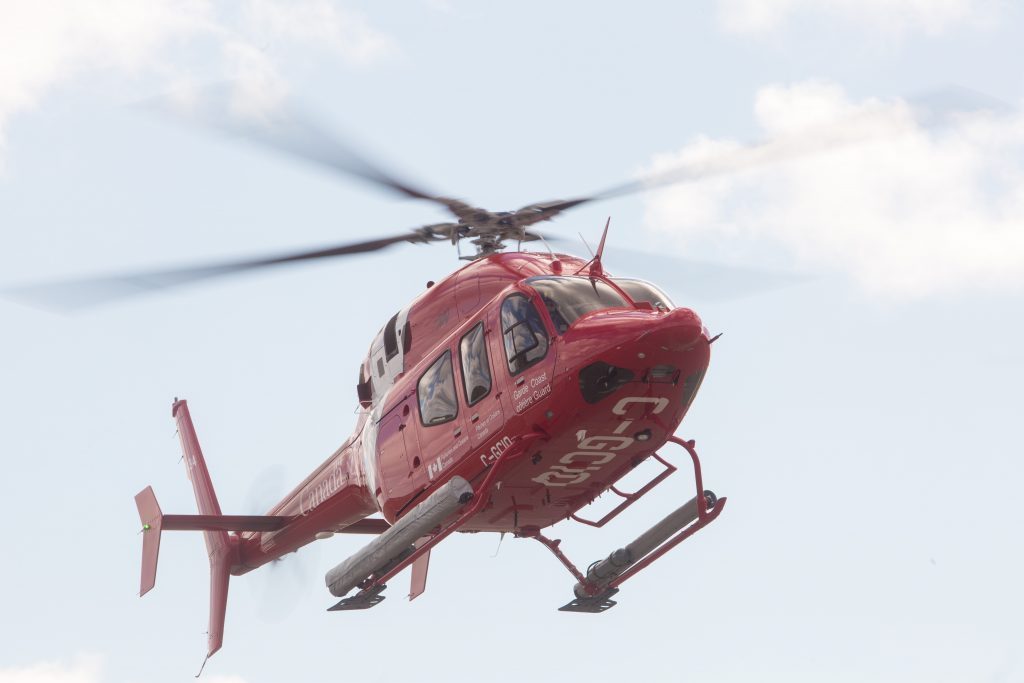A Canadian Coast Guard Bell 429 joined several other RCAF aircraft in the search for a missing R66 helicopter on March 9. Canadian Coast Guard Photo
