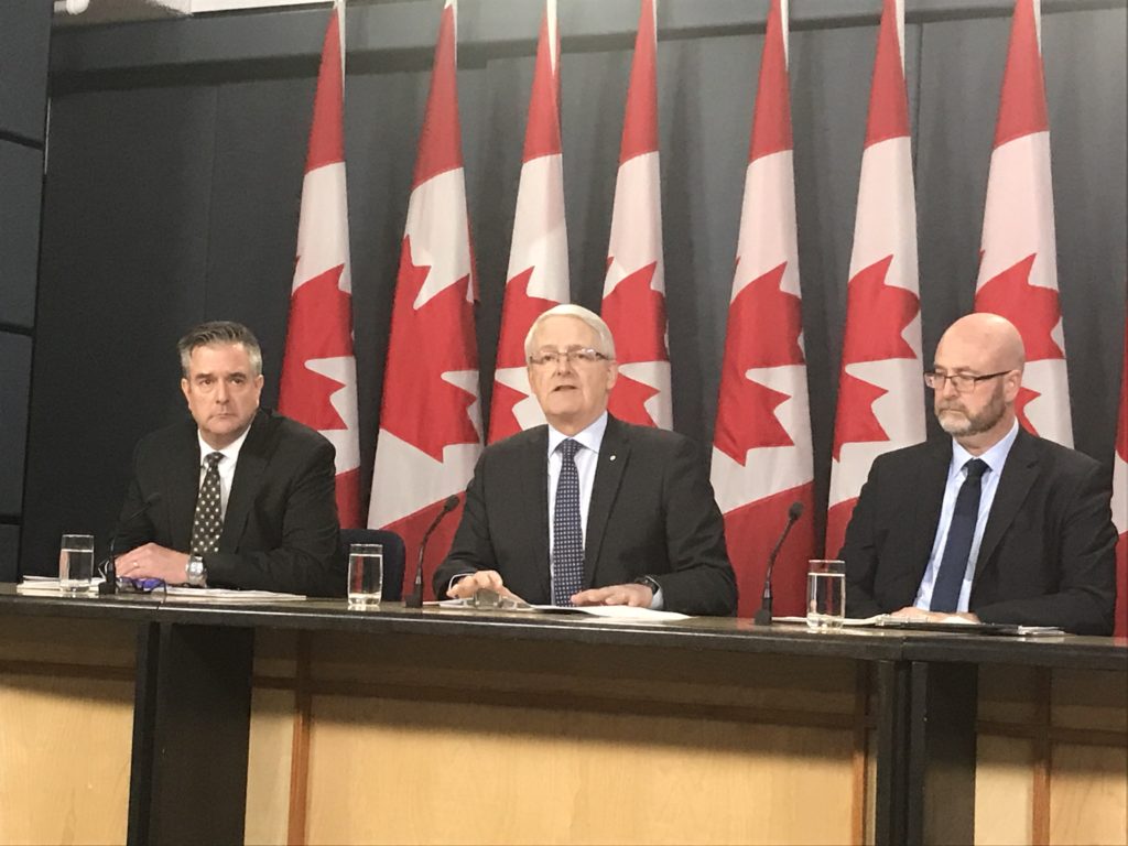 Transport Minister Marc Garneau (centre) was joined at a press conference on March 13 by Francois Collins, associate director general civil aviation (left), and Aaron McCrorie, acting assistant deputy minister of safety and security, where MAX 8 operations in Canada were addressed.