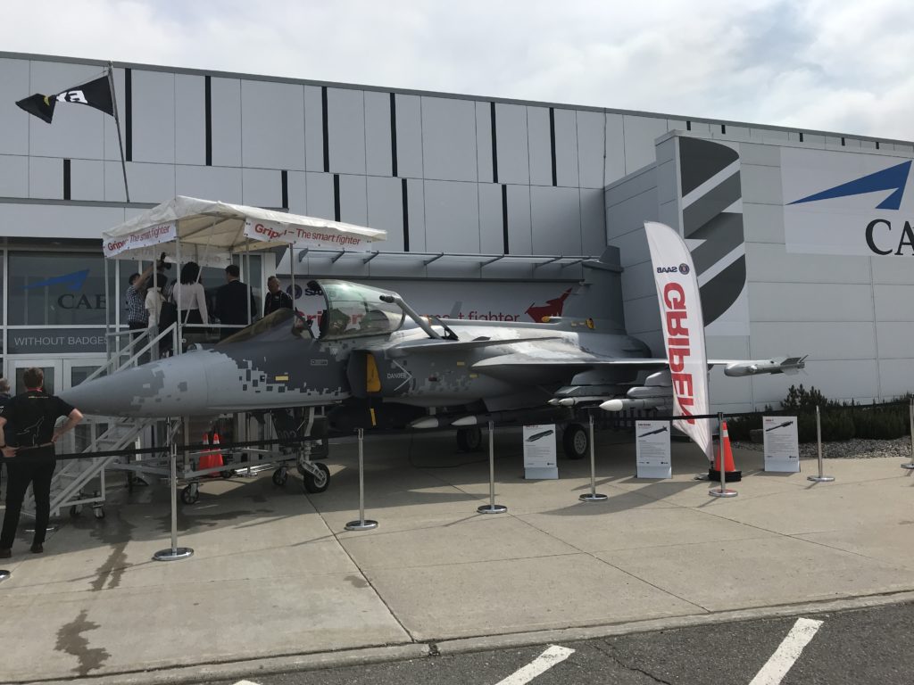 A full-scale replica of Saab's JAS 39 Gripen fighter jet is currently parked outside the CANSEC defence show in Ottawa. The federal government announced on May 29 that a formal request for proposals to supply new fighters has been delayed yet again, this time to mid-July. Ken Pole Photo