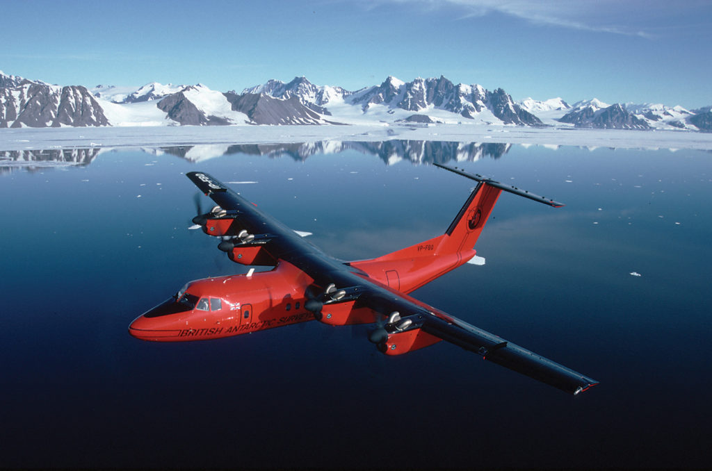 British Antarctic Survey's Dash 7 makes regular flights to and from the Falkland Islands during the austral summer. The 1,900-kilometre journey can be completed in five hours with up to 16 passengers or 2,000 kilograms of cargo on board. BAS Photo