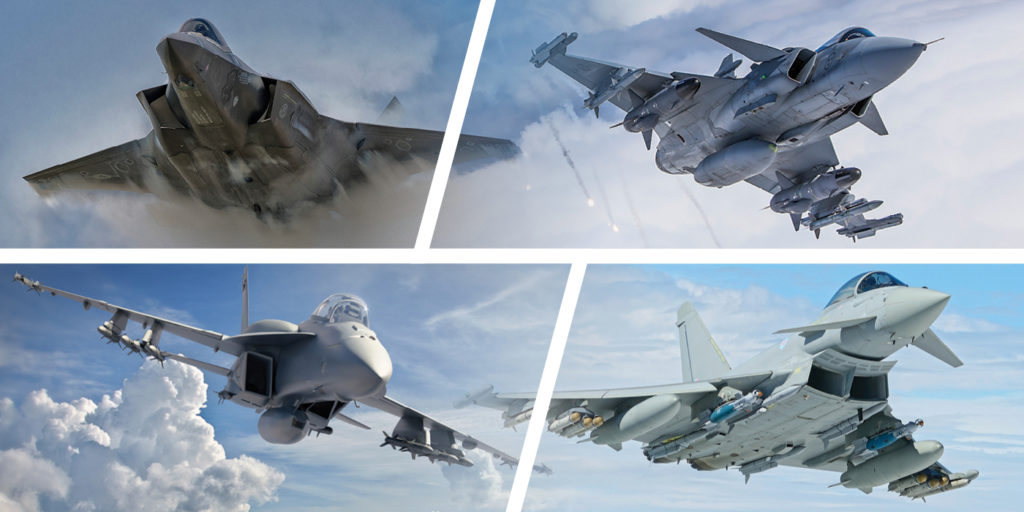 Eligible suppliers for the future fighter capability project (clockwise from top left): Lockheed Martin F-35 Lightning II, Saab Gripen, Airbus Eurofighter Typhoon and Boeing F/A-18E/F Super Hornet. Larry Grace/Linus Svensson/Airbus/Aaron Foster Photos