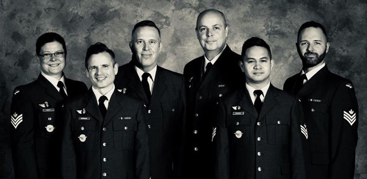 The Spitfire Kings (LtoR): Sgt Cindy Scott, WO Larry Bjornson, Sgt Mike Hall, Sgt Jim Johnston, Sgt Richard Monzon and WO David Grenon. RCAF Photo