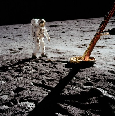 Buzz Aldrin near the lunar module's landing gear manufactured by Héroux-Devtek 50 years ago. NASA Photo
