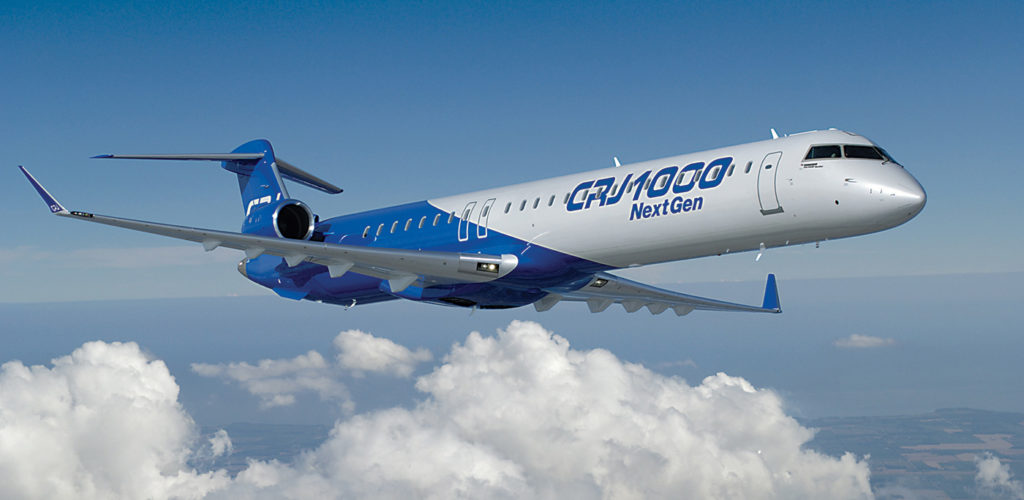 The 100-seat CRJ1000 NextGen, pictured here, flew its first production flight in 2009. Bombardier Photo