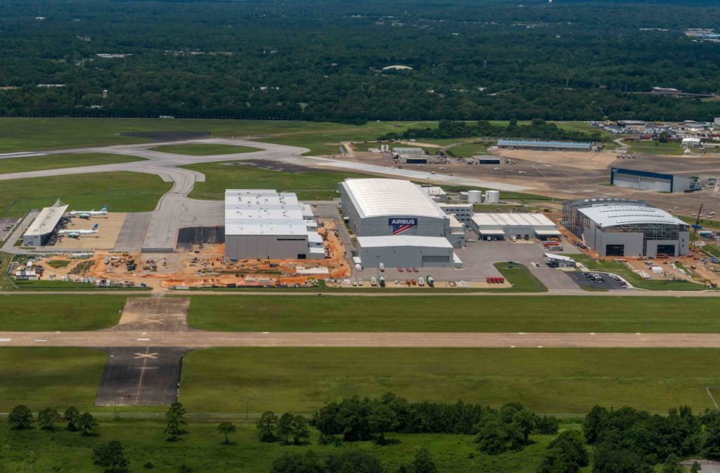Construction on the main A220 flowline hangar and other support buildings for the new A220 began at the Mobile Aeroplex at Brookley at the beginning of this year. Airbus is producing the first few aircraft within some current A320 family buildings and newly-built support hangars. Airbus Photo