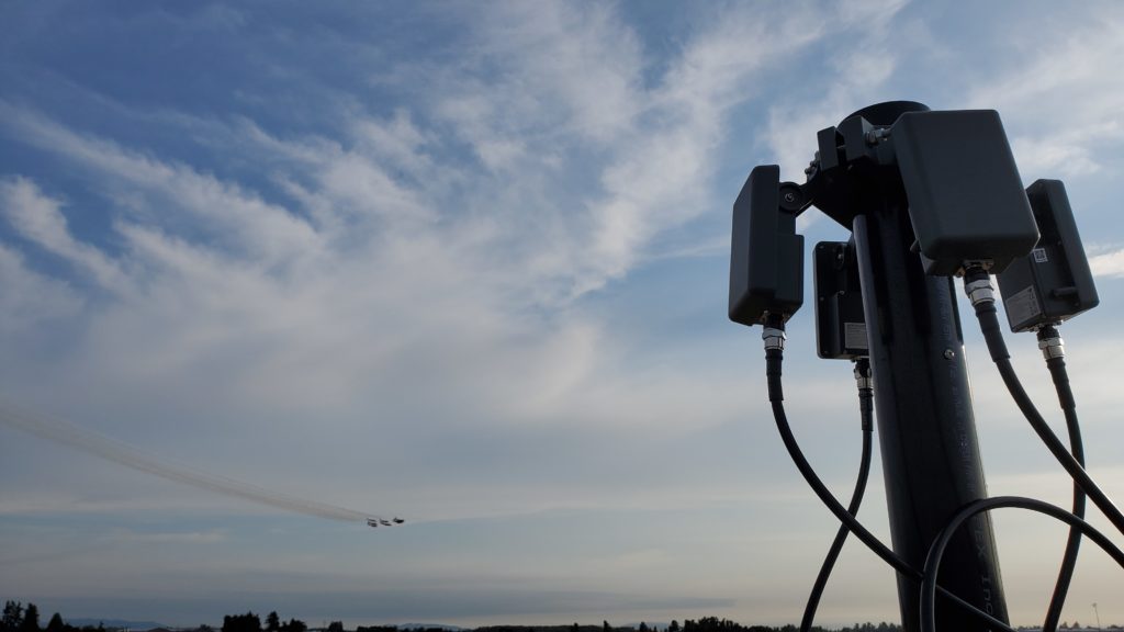 The Aeroscope comes in variants capable of detecting drones over various ranges. This system, using four antennae, has a range of 25 km. At the Abbotsford International Airshow it was used as an extra layer of security, and detected the location of multiple drones and their pilots. BlueForce UAV Photo