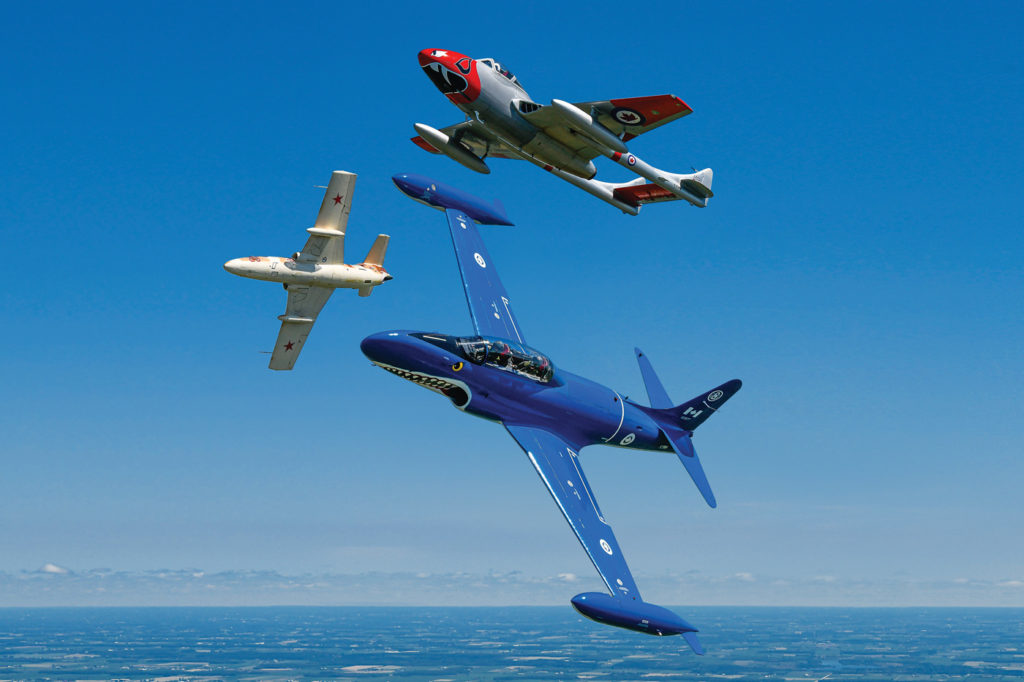 Waterloo Warbirds aimed to make the paint schemes on each aircraft as eye-catching as possible -- such as the Ct-133's bright blue "Mako Shark" livery (foreground). Mike Reyno Photo