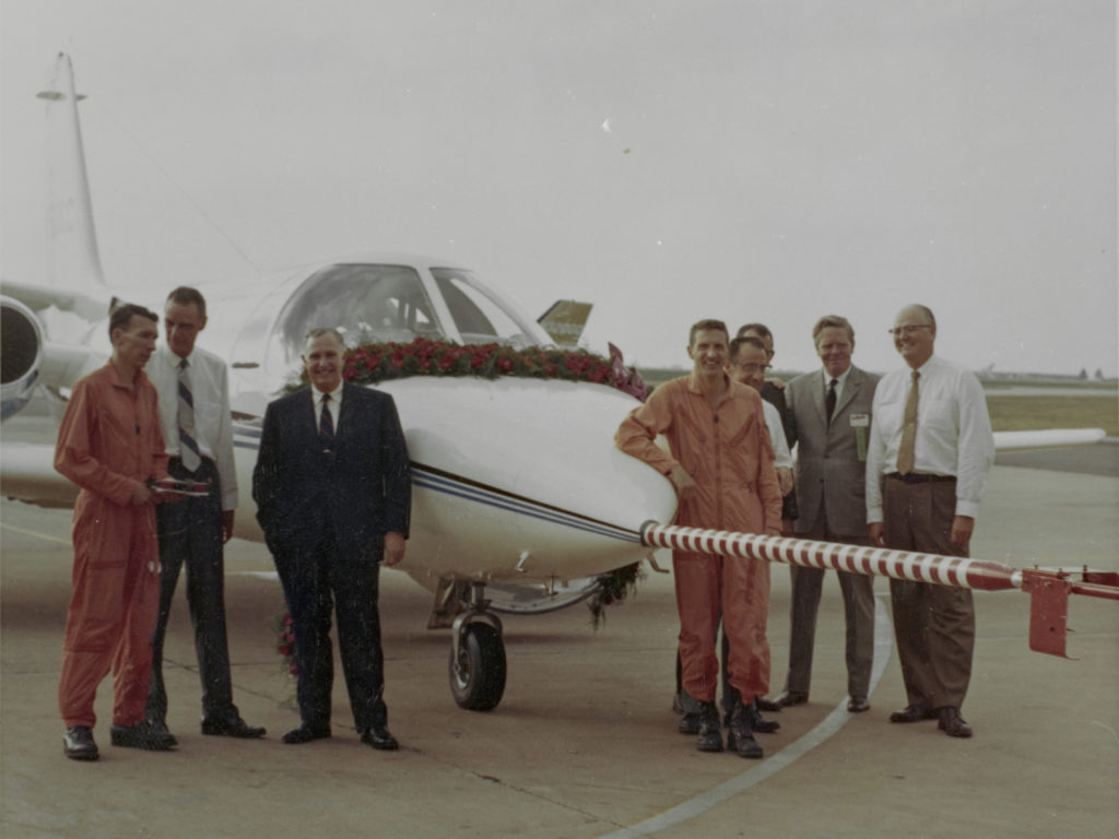 Pictured here, in Sept. 1969, is the Textron team on the ramp at the company's Wichita, Kan., facility just prior to the Citation 500's first flight. Textron Photo