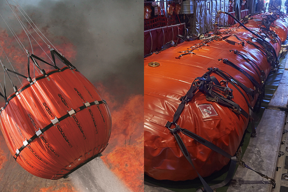 SEI's Aerial Division manufactures the renowned Bambi Bucket (left), while its Remote Site division develops fuel products, including the Bulk Aviation Transfer Tank (right). SEI Industries Photo