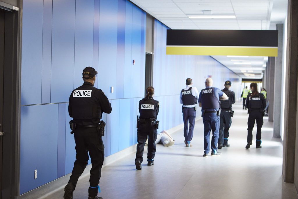 Several first response organizations participated in the simulated event, including the SPVQ, who deployed a large number of police officers to the airport. Aeroport de Quebec Photo
