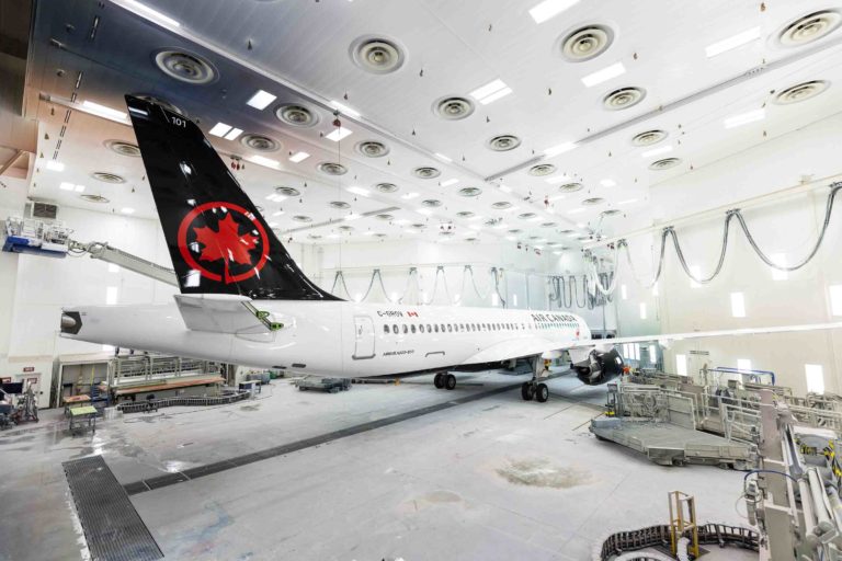 The first Airbus A220-300 for Air Canada on Nov. 7, 2019, rolling out of the painting hangar at the A220 final assembly plant in Mirabel, Que. Airbus Photo
