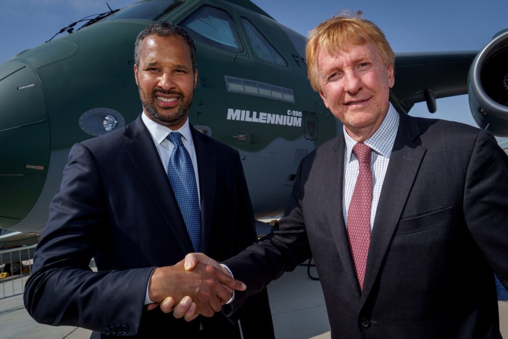 Marc Allen, president of Embraer Partnership & Group Operations, left, and Jackson Schneider, president and CEO of Embraer Defense & Security at the Dubai Air Show in November. Embraer Photo