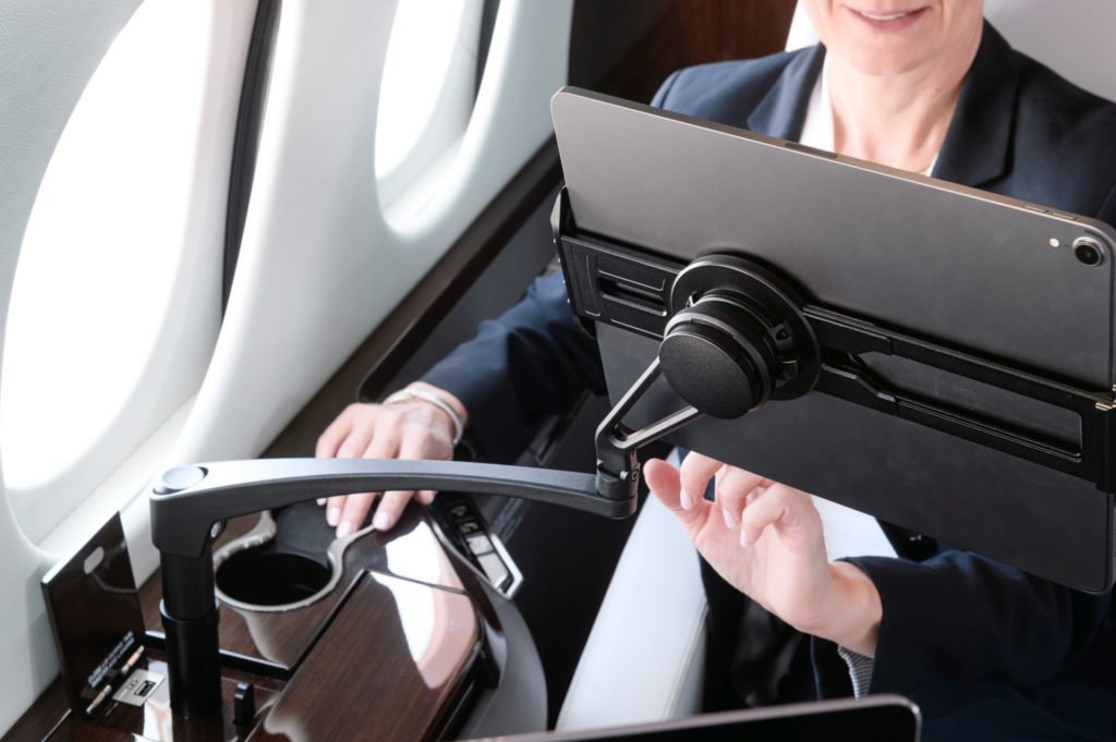 Dassault and Ingenio have developed cabin receptacles and tablet arms that update in-service cabins to interoperate with the latest consumer technologies. Ingenio Photo