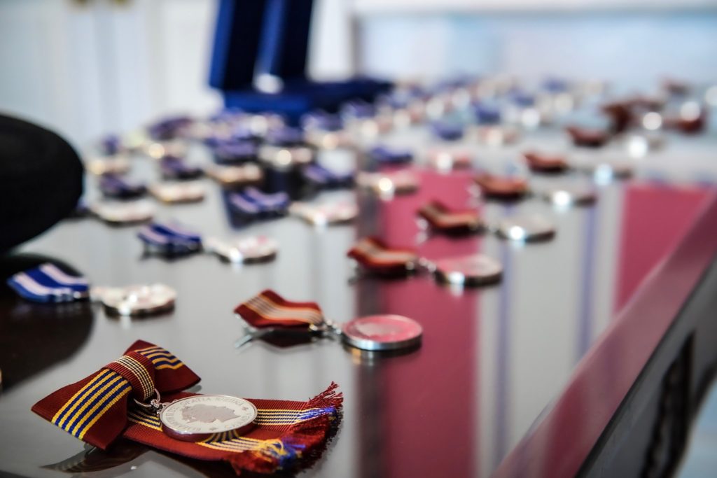 Meritorious Service Crosses, Meritorious Service Medals and Sovereign's Medals for Volunteers are laid out before being presented by Governor General and Commander-in-Chief of Canada Julie Payette on Nov. 12, 2019. MCpl Mathieu Gaudreault Photo