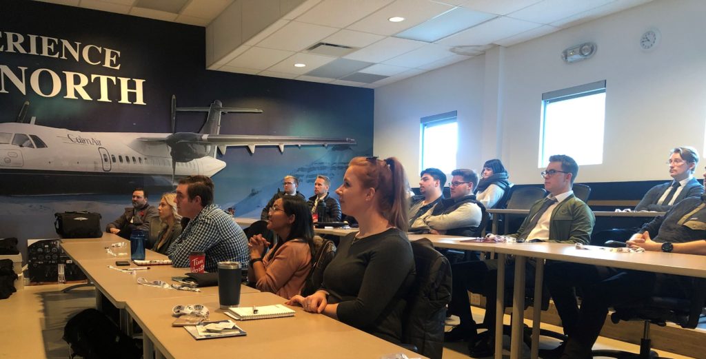 Students in EIC's Life in Flight program attend classes in rooms themed after the company's various air operators. It allows them to become immersed in specific company cultures -- in this case, Calm Air. EIC Photo