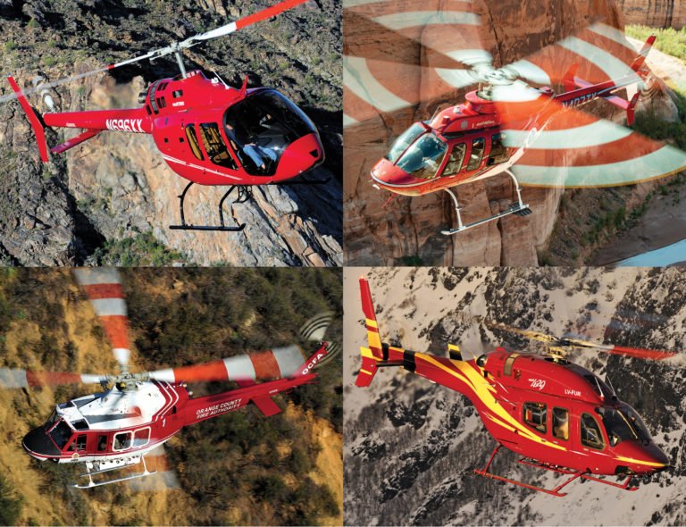 Clockwise from top left: The Bell 505 Jet Ranger X, Bell 407, Bell 429, and Bell 412. These four types, representing Bell’s current commercial product range, are all manufactured at the OEM’s facility in Mirabel, Que. Skip Robinson, Dan Megna, and Anthony Pecchi Photos