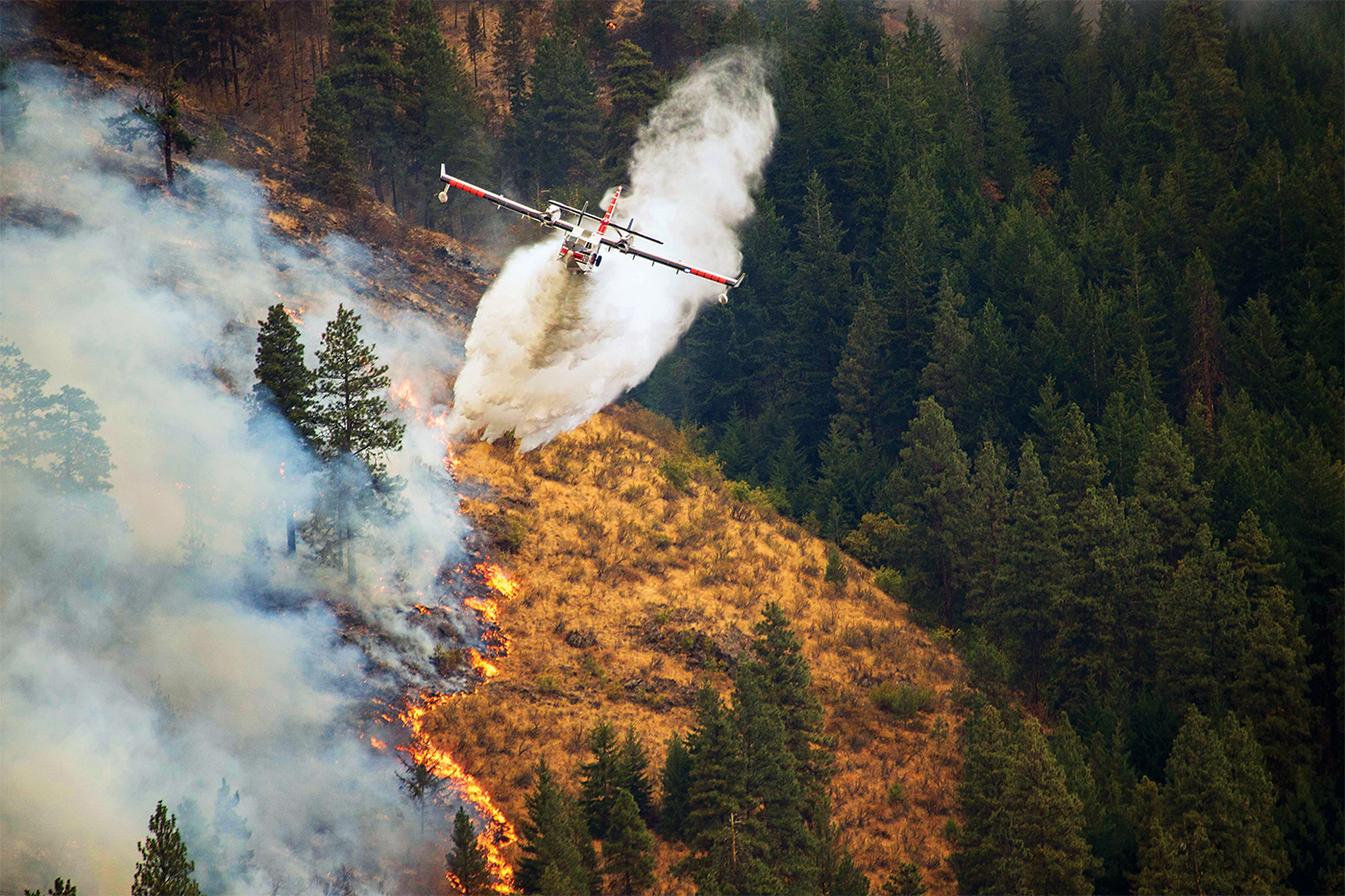 A Canadair CL-415 operated by Conair's U.S. division, Aero-Flite, drops water over a fire in California. U.S. Forest Service Photo