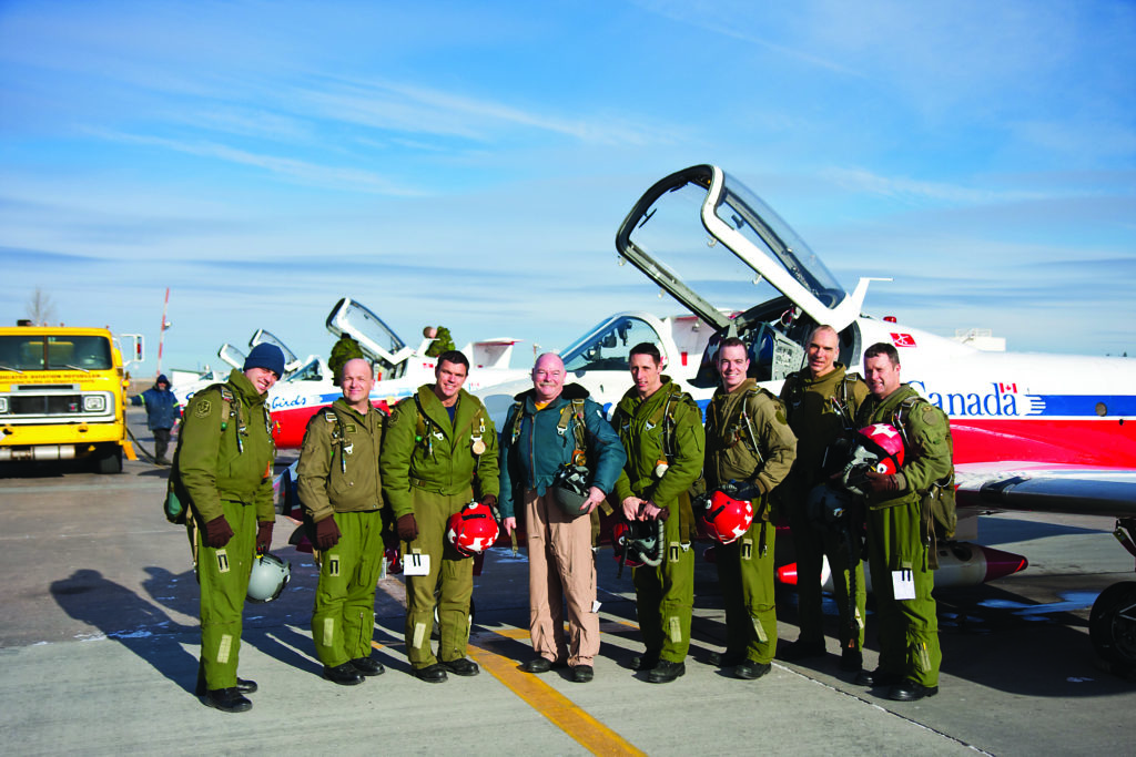 Erdos, middle, with Snowbirds friends and "tormentors" after the author's first flight with the team. Capt JF Dupont Photo