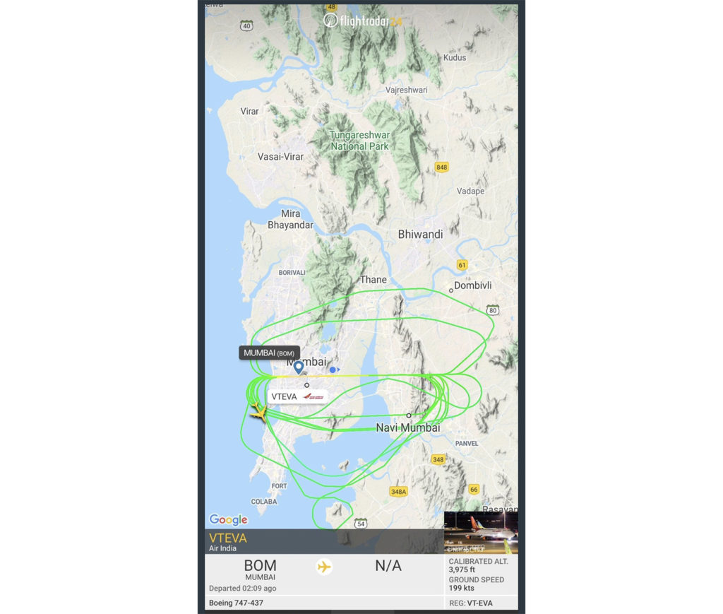 The flight pattern of an Air India Boeing 747 seen on Flightradar24 in early June could have resembled a holding pattern or a touch-and-go, but Flightradar24 confirmed that the aircraft had been dormant since early March and was likely performing a test or training flight. Flightradar24 Image