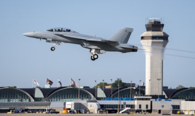Boeing F/A-18 Block III Super Hornet taking off from St. Louis
