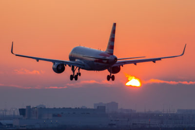 American Airlines Airbus A319 at sunset