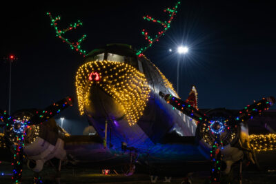 DC-3 Dakota at the Heritage Air Park in Comox, British Columbia, decked out in lights for the holiday season. Derek Heyes Photo