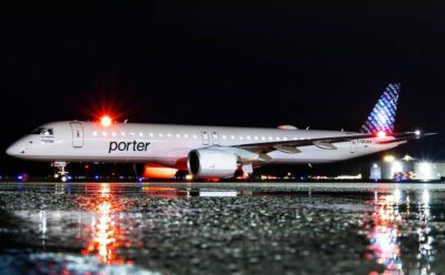 Porter Airlines’ new Embraer E195-E2 moments after pushback at Vancouver International Airport. Photo submitted by Cody McVie