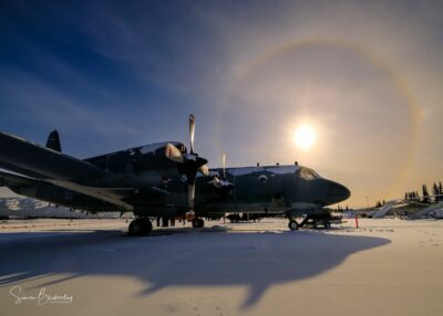 RCAF CP-140 Aurora under a sun dog at the 2023 Rendezvous Kingscote Air Display (Yukon). Photo submitted by Instagram user @simon_blakesley
