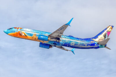 WestJet’s 737-800  Disney “Frozen” plane at Toronto Pearson airport. This iconic livery will be replaced soon by WestJet’s standard livery. Patrick Cardinal Photo